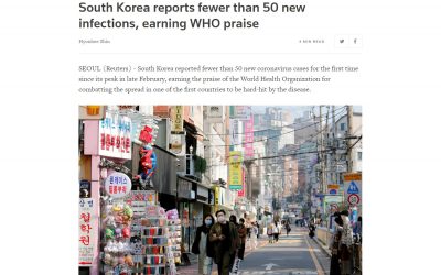 South Korea reports fewer than 50 new infections, earning WHO praise